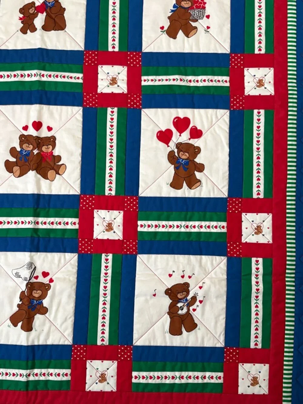 Handmade Quilted Throw Teddy Bear Heart Valentine Squares Cornerstones Nursery